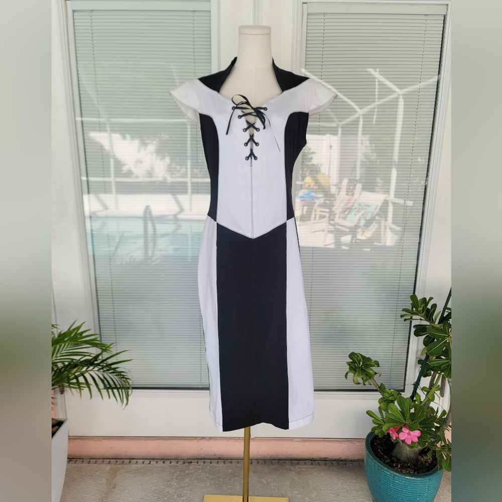 Tatyana Black And White Colorblock Retro Pencil Dress